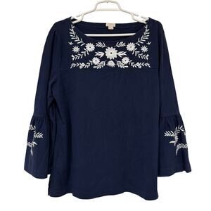 J. Crew Navy Blue White Floral Embroidered Boho Blouse Bell Sleeve G7287 Large